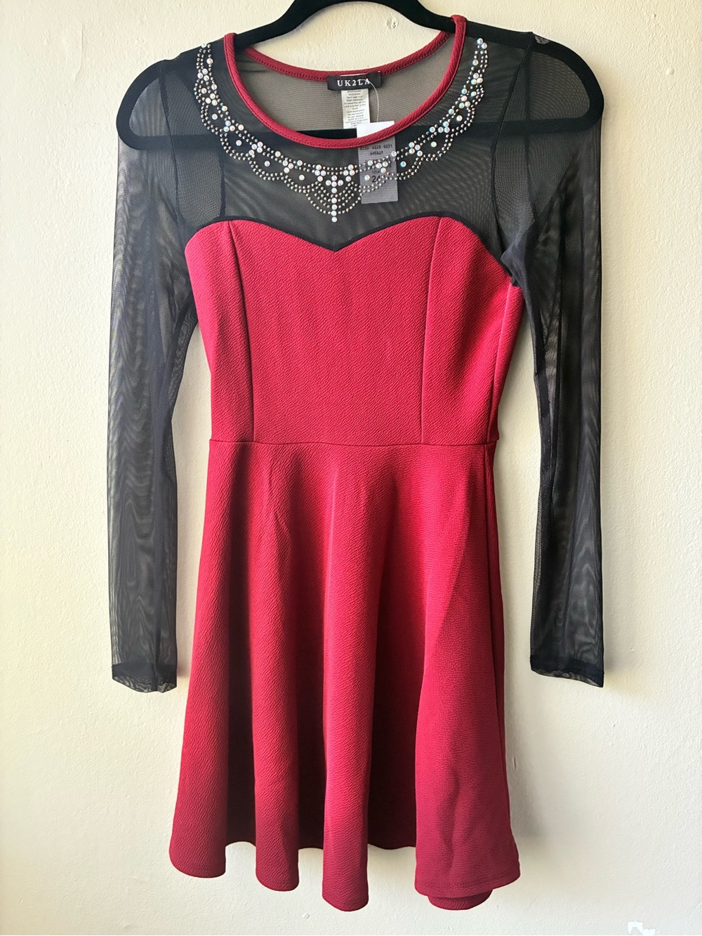 Burgundy Fit & Flare Dress with Sheer Black Sleeves and Embellished Neckline